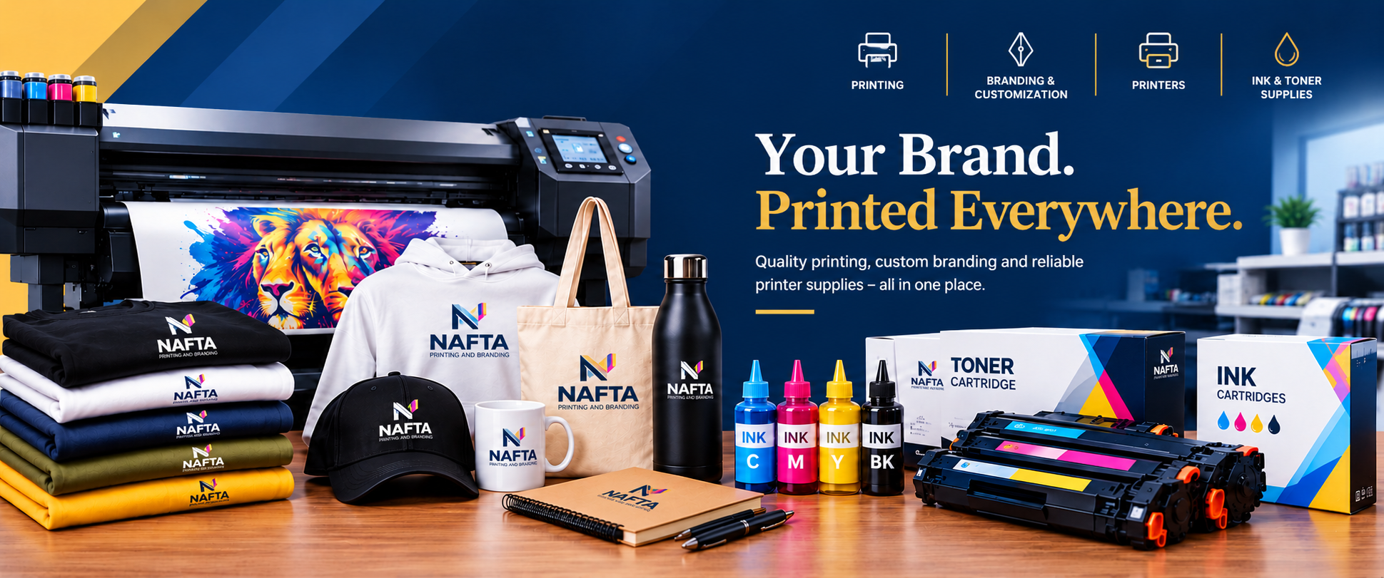 NAFTA Printing and Brandings showcasing printing equipment, branded clothing, promotional products, ink and toner supplies.